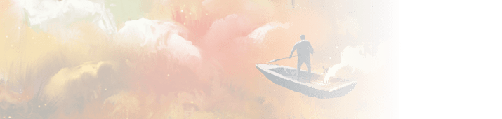 man on a boat in the outer space with colorful cloud,illustration