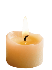 Isolated lit small wax candle with a warm glowing flame and melted wax on top
